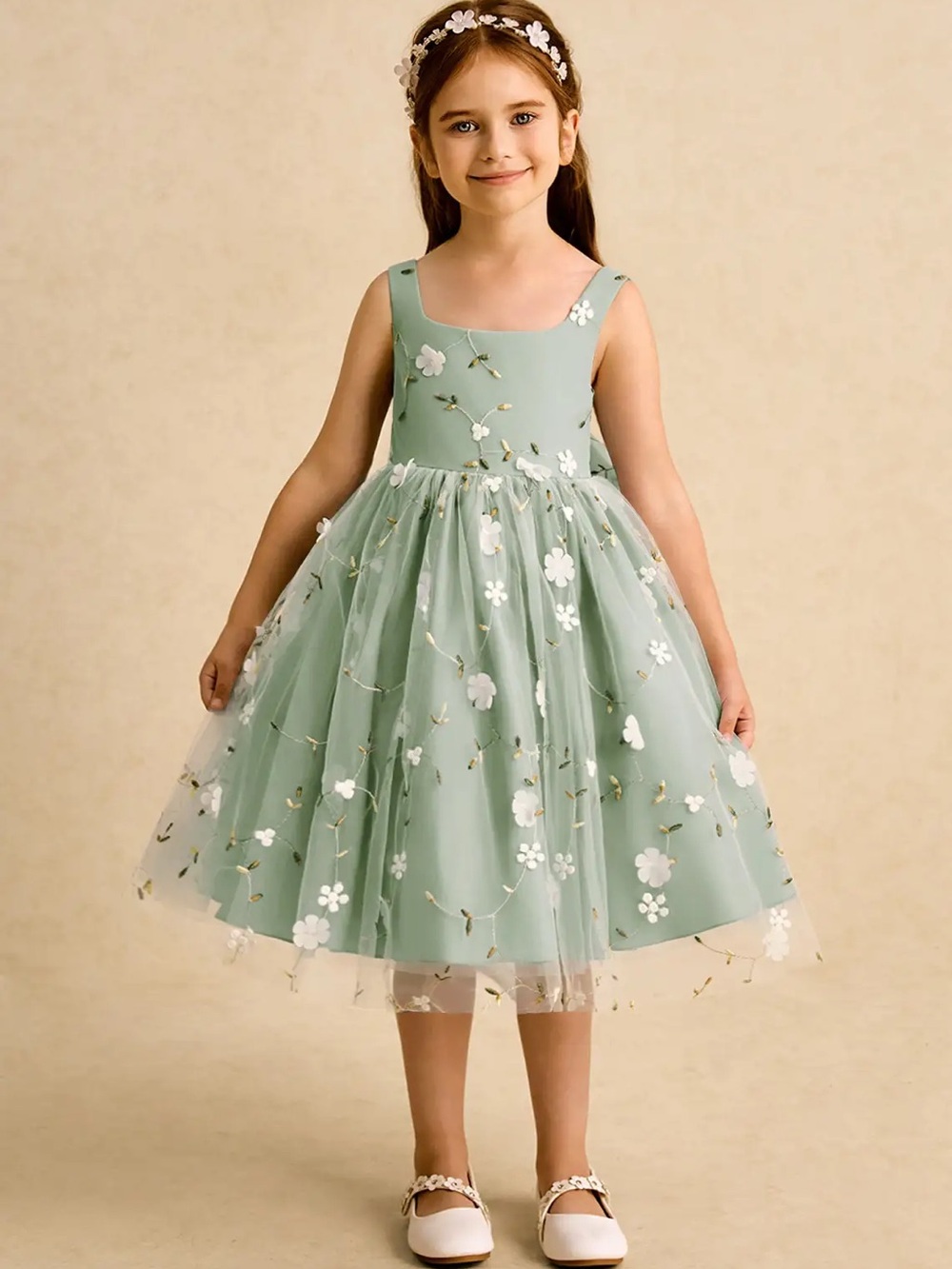Like New: Azazie Sage Green Floral Tulle Dress for Girls